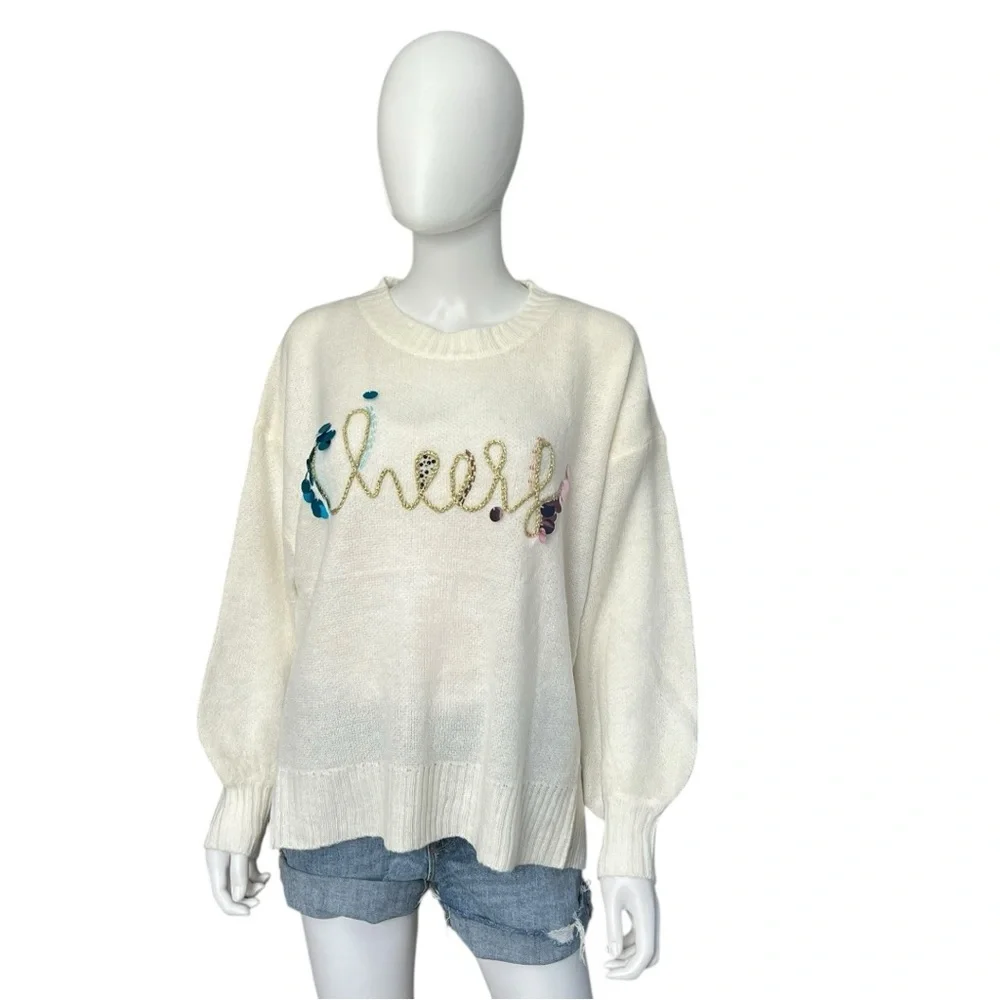 AND THE WHY oversized Cheers ivory part wool holiday sweater S/M M/L Combo Size - Picture 8 of 11
